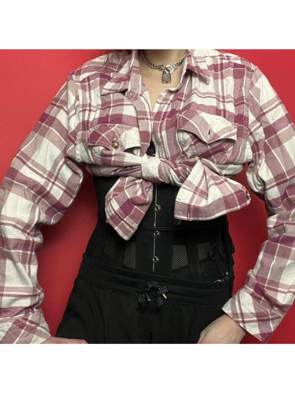 Frank and oak / pink and white button up tartan plaid top 🩷🤍